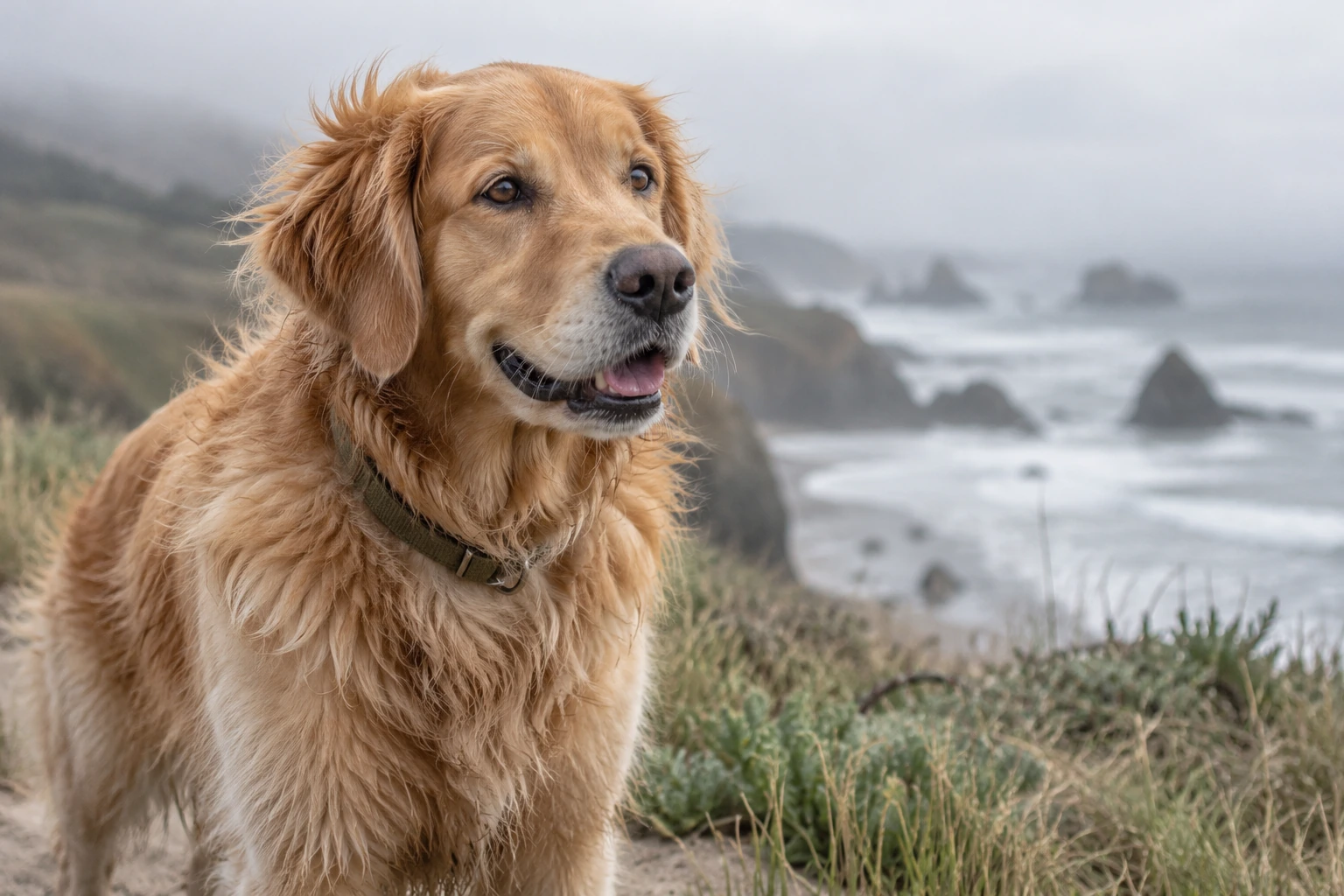 A golden retriever by the coast — illustrative image